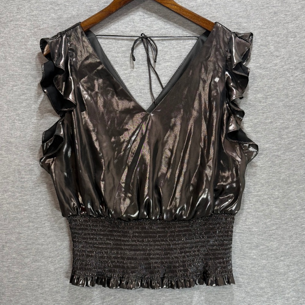Nine West Metallic Top Womens Large Gunmetal Ruffle Smocked Party Disco Gothic